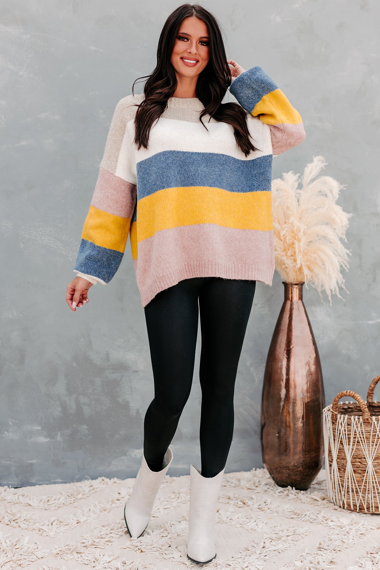 Home For The Holidays Oversized Multi-Stripe Sweater (Mustard Multi) - NanaMacs