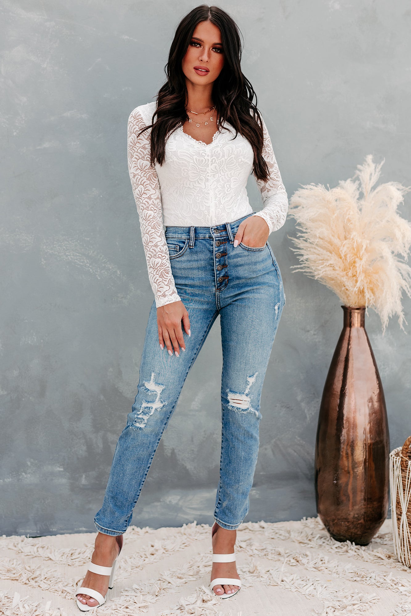 Touch Of Perfection Long Sleeve Lace Bodysuit (Off White) - NanaMacs