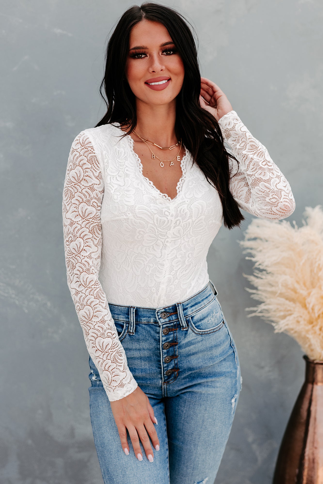 Touch Of Perfection Long Sleeve Lace Bodysuit (Off White) - NanaMacs