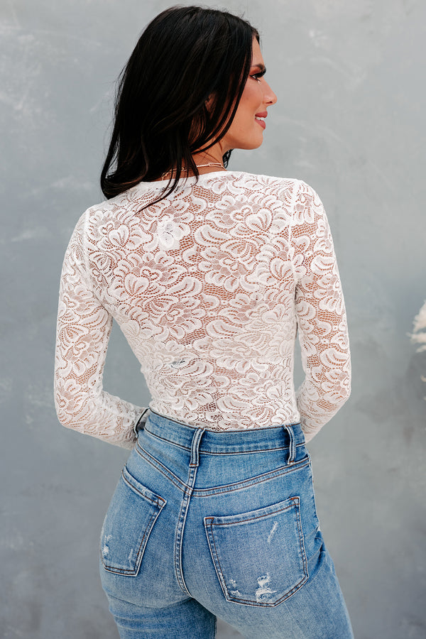 Touch Of Perfection Long Sleeve Lace Bodysuit (Off White) - NanaMacs