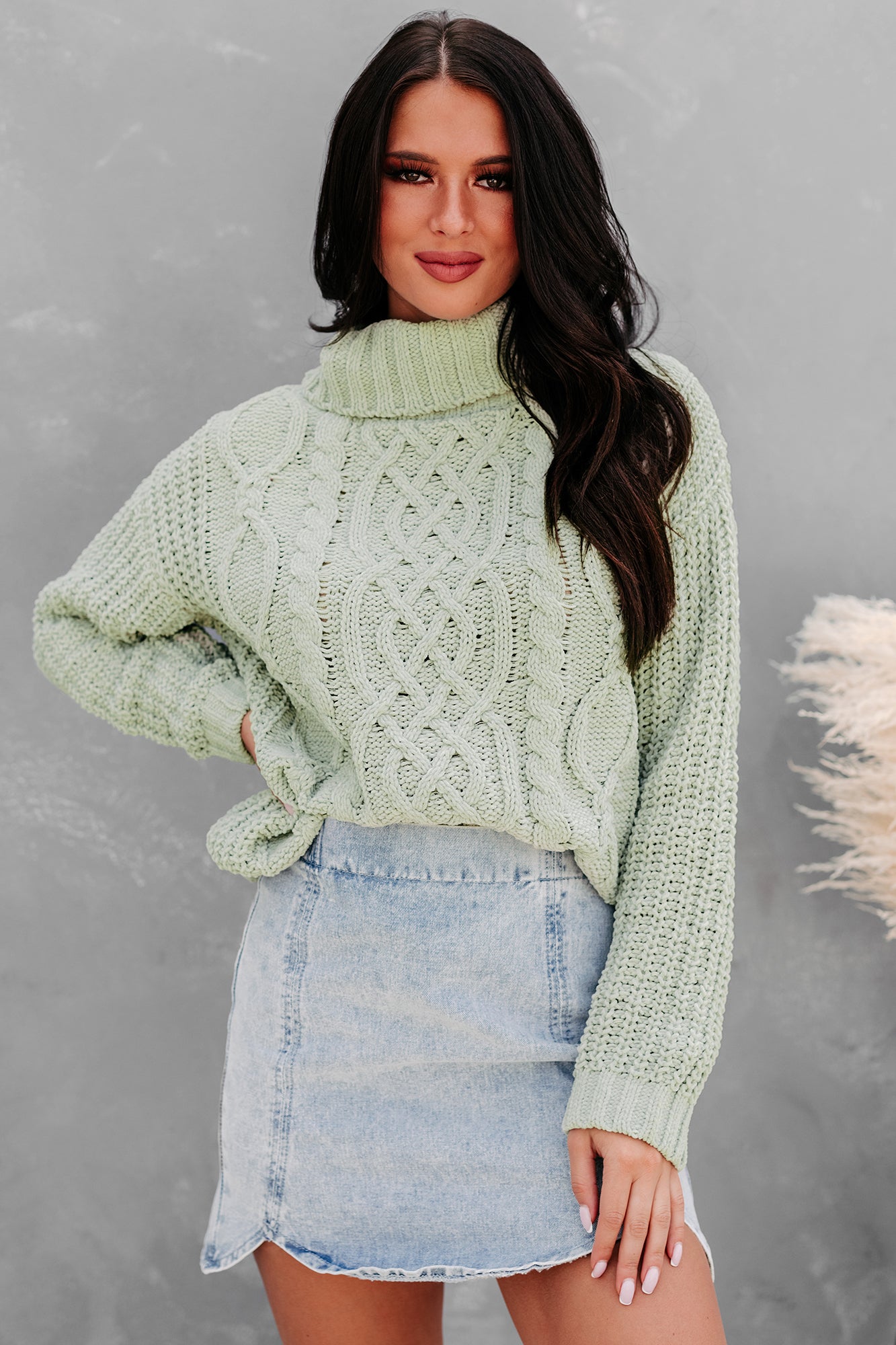 Blizzard Bliss Chenille Cable Knit Sweater (Leaf) - NanaMacs