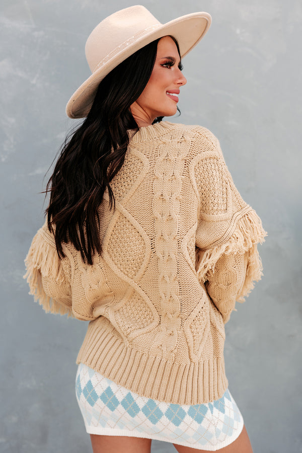 Chilly Greetings Fringe Sleeve Cable Knit Sweater (Taupe) - NanaMacs