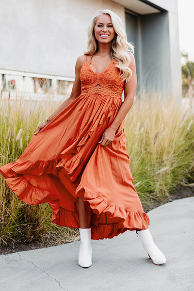 Harmony Crochet Tulip Hem High Low Dress (Brick) - NanaMacs