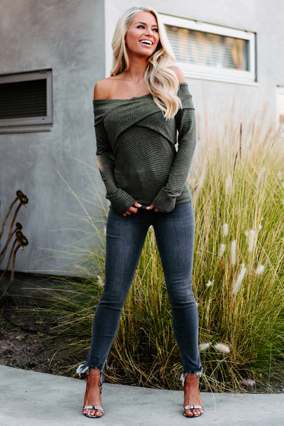 Finito Off-The-Shoulder Ribbed Long Sleeve Top (Olive) - NanaMacs