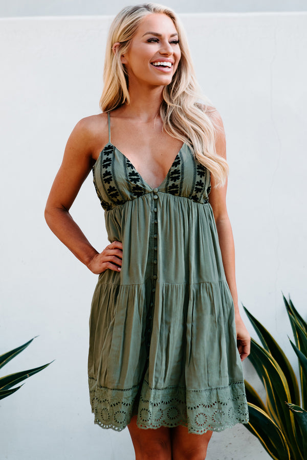 Maia Embroidered Babydoll Dress (Olive) - NanaMacs