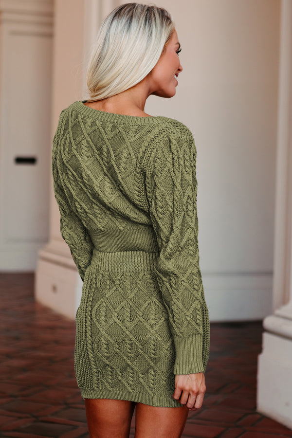 Finding Fulfillment Cable Knit Cardigan & Skirt Set (Olive) - NanaMacs