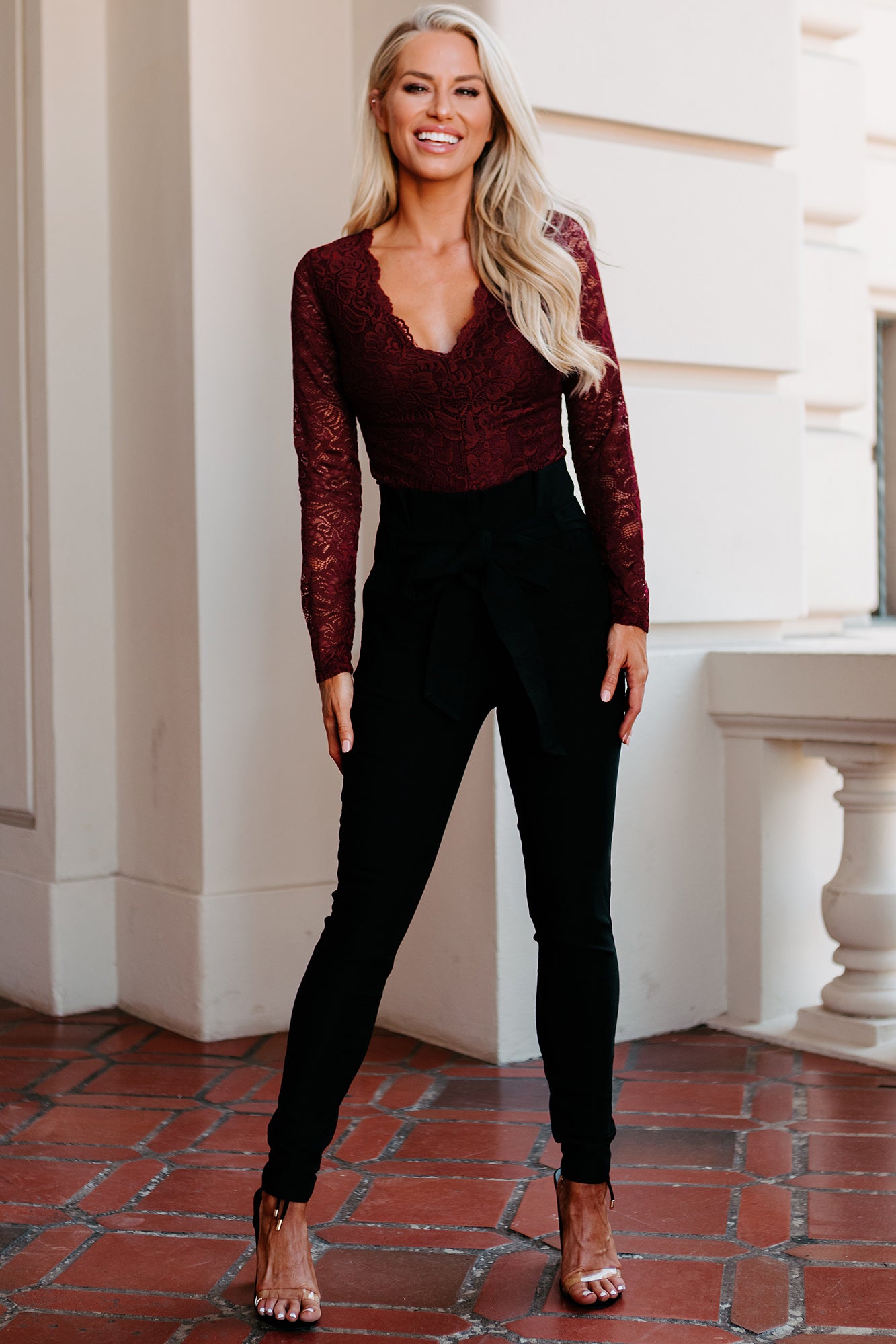Touch Of Perfection Long Sleeve Lace Bodysuit (Burgundy)
