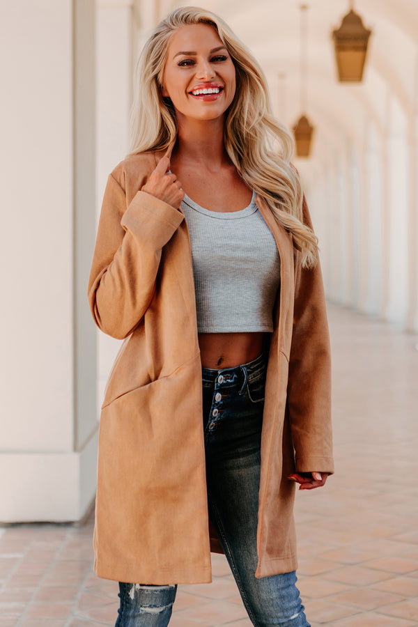 Shocking Discovery Faux Suede Open-Front Coat (Camel) - NanaMacs