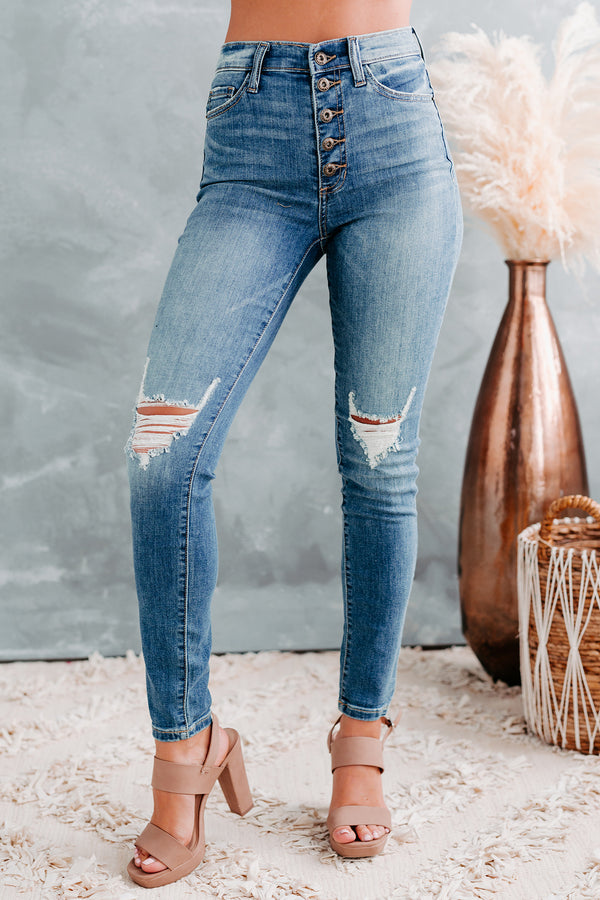At Some Point Sneak Peek High-Rise 5-Button Distressed Skinny Jeans (Medium Light) - NanaMacs