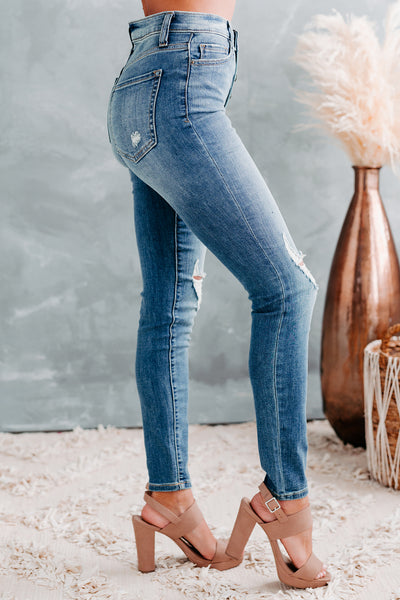 At Some Point Sneak Peek High-Rise 5-Button Distressed Skinny Jeans (Medium Light) - NanaMacs