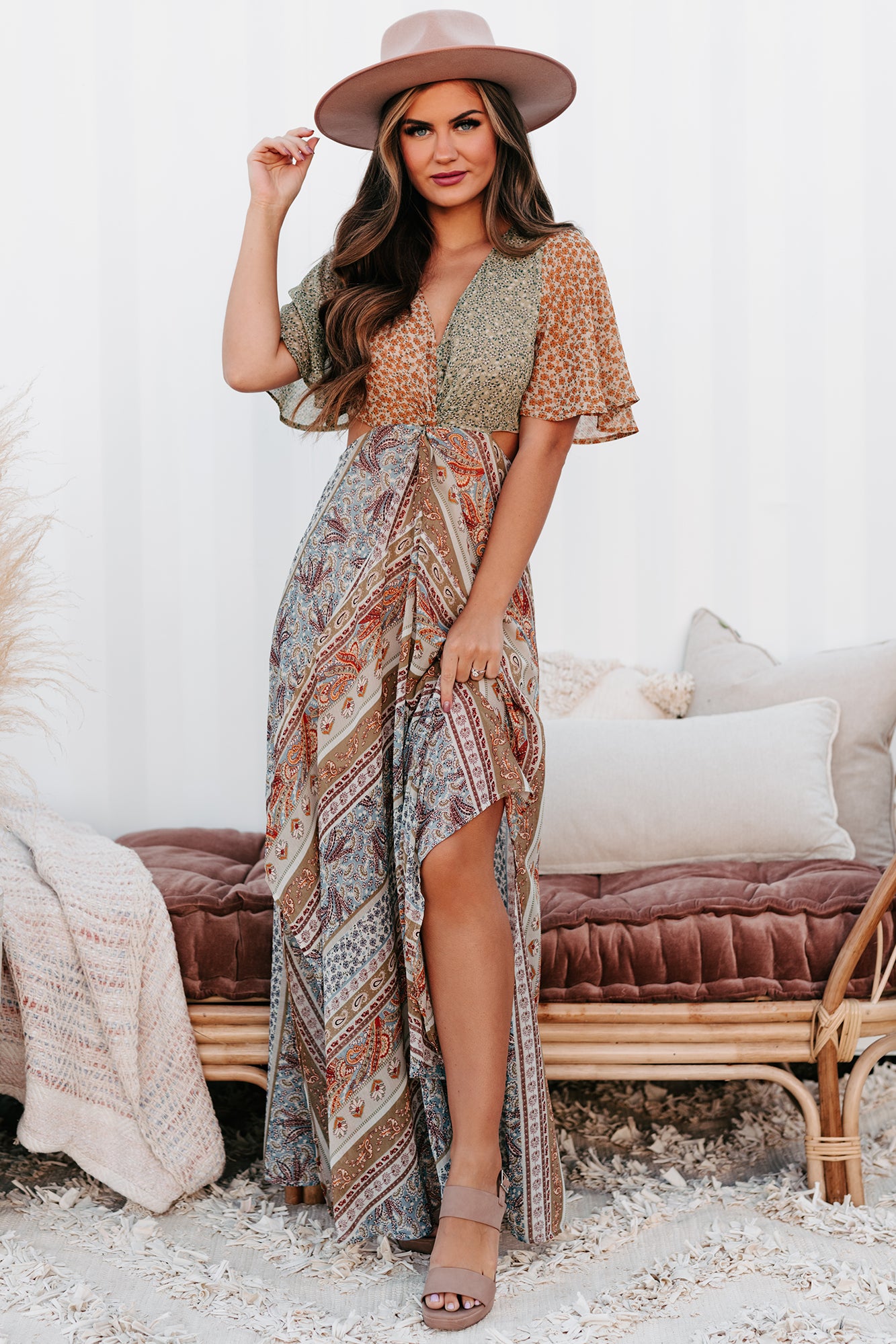 Hippy Soul Mixed Print Cut-Out Maxi Dress (Olive/Orange) · NanaMacs