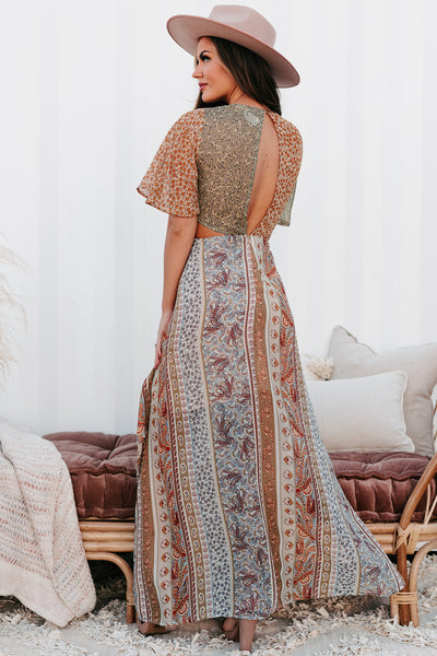 Hippy Soul Mixed Print Cut-Out Maxi Dress (Olive/Orange) - NanaMacs