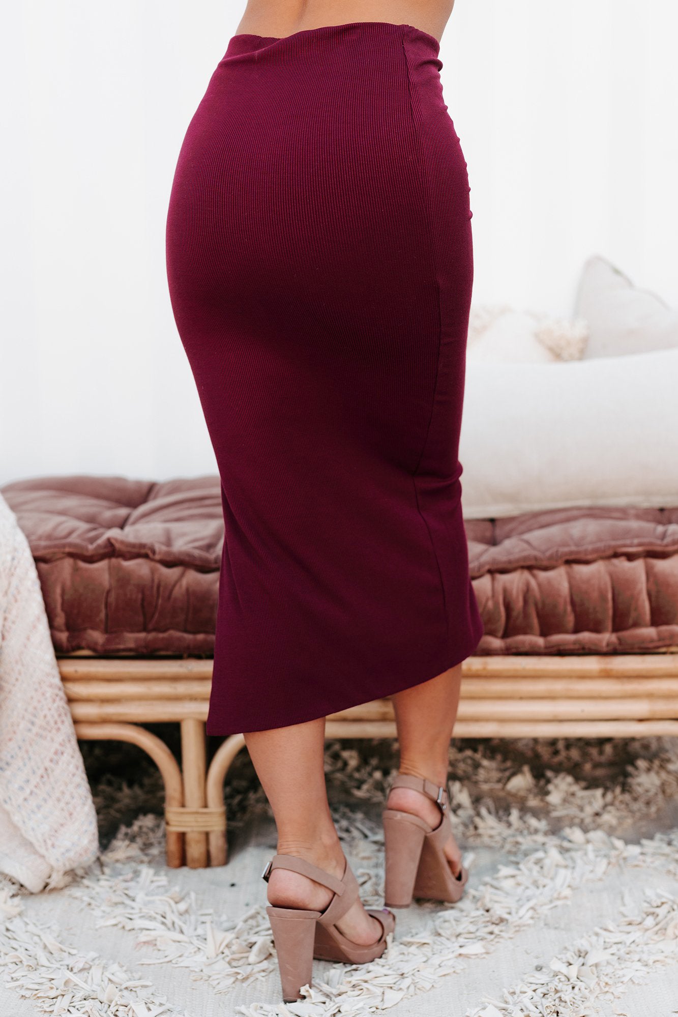 Needing A Change Ribbed Side Slit Midi Skirt (Burgundy) - NanaMacs