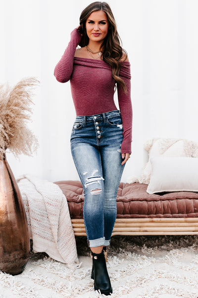 Always Presentable Long Sleeve Off The Shoulder Bodysuit (Burgundy) - NanaMacs