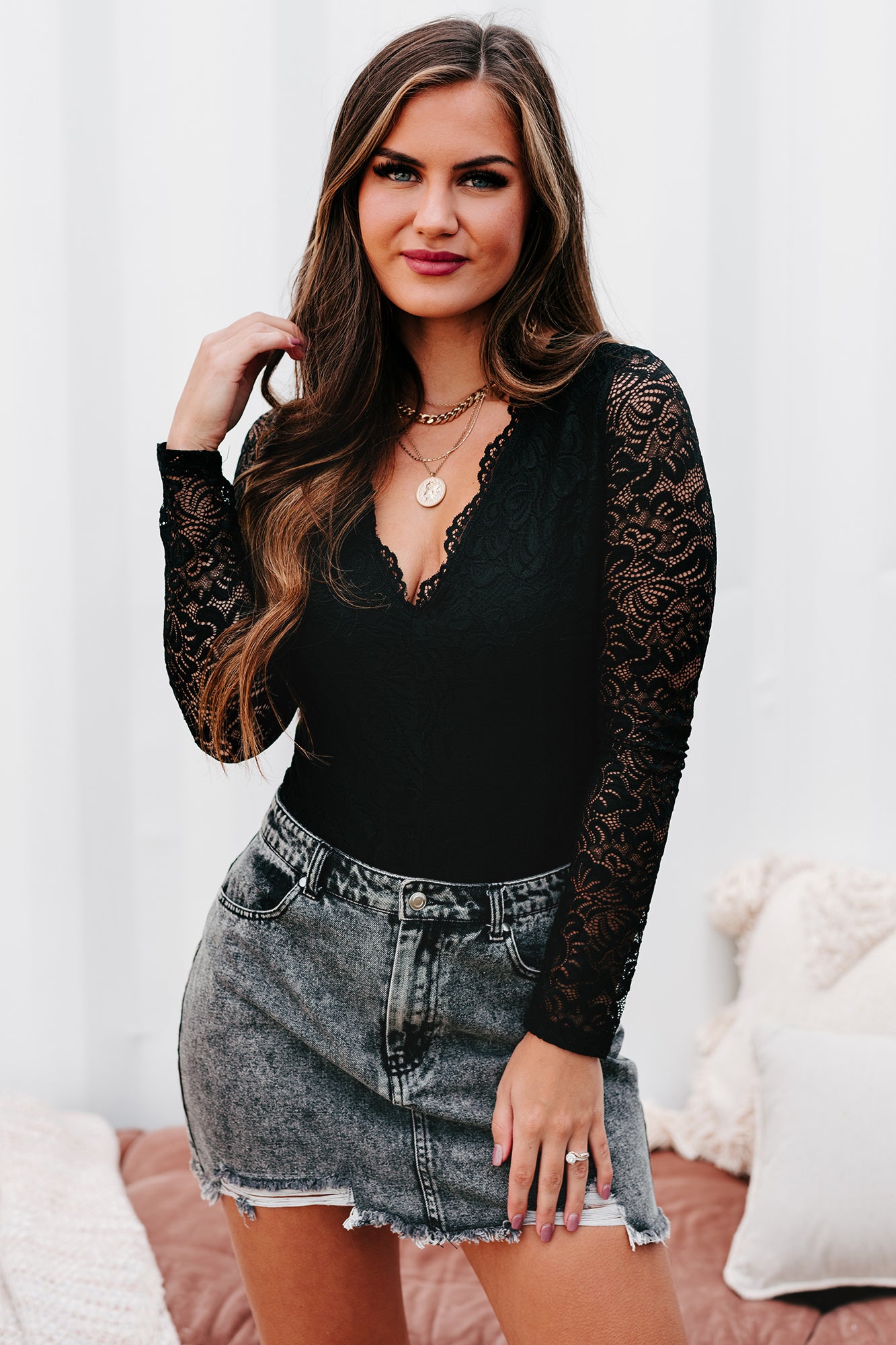 Touch Of Perfection Long Sleeve Lace Bodysuit (Black)