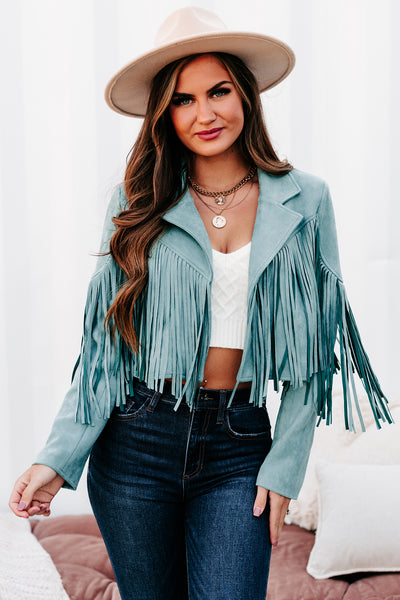 Daring Delight Faux Suede Fringe Jacket (Teal) - NanaMacs