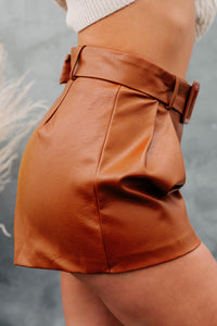 Caliente Belted Faux Leather Shorts (Camel) - NanaMacs