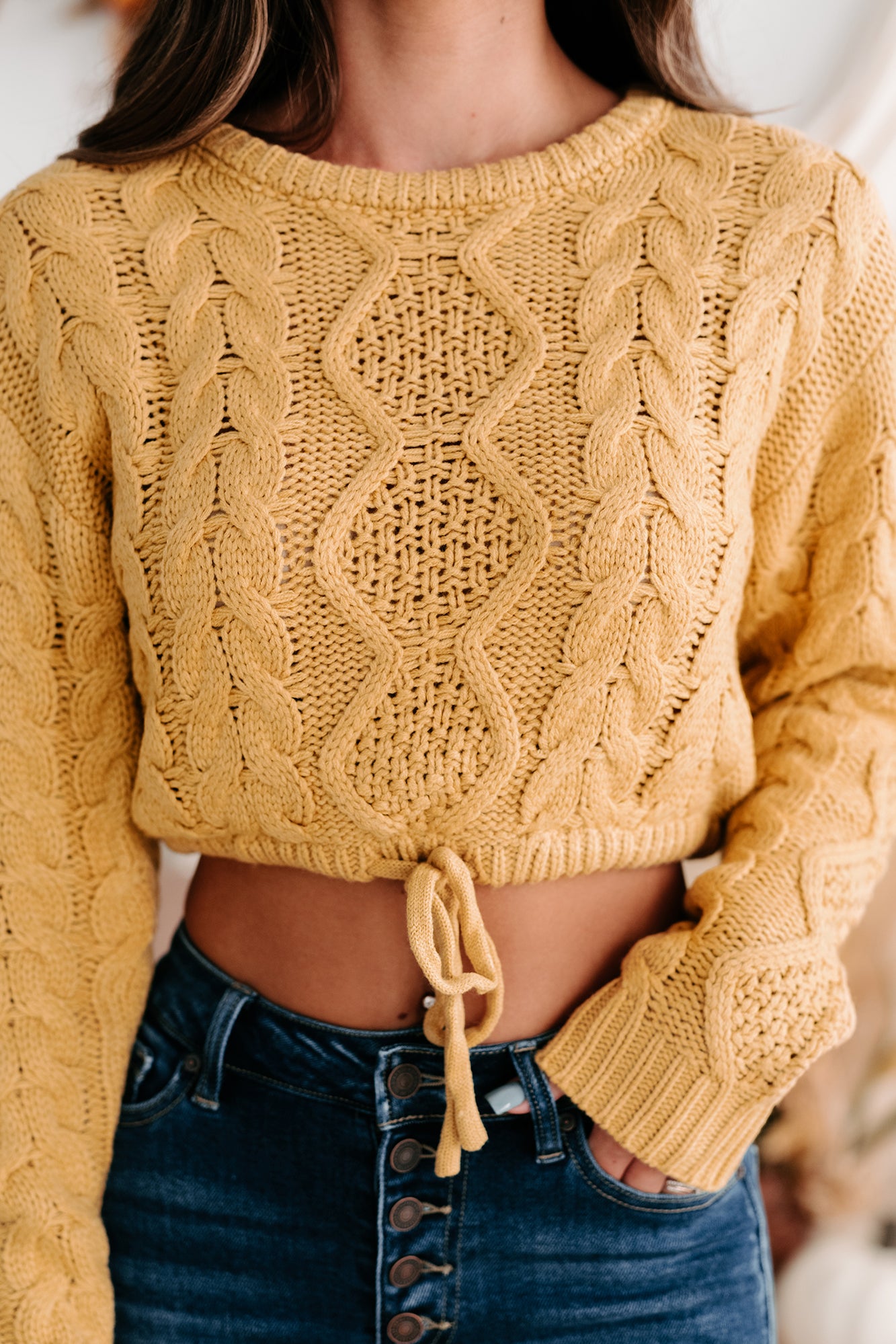 Points To Cozy Drawstring Hem Cropped Cable Knit Sweater (Honey Mustard) - NanaMacs