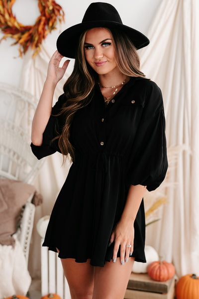 Besotted With You Button-Down Drawstring Waist Mini Dress (Black) - NanaMacs