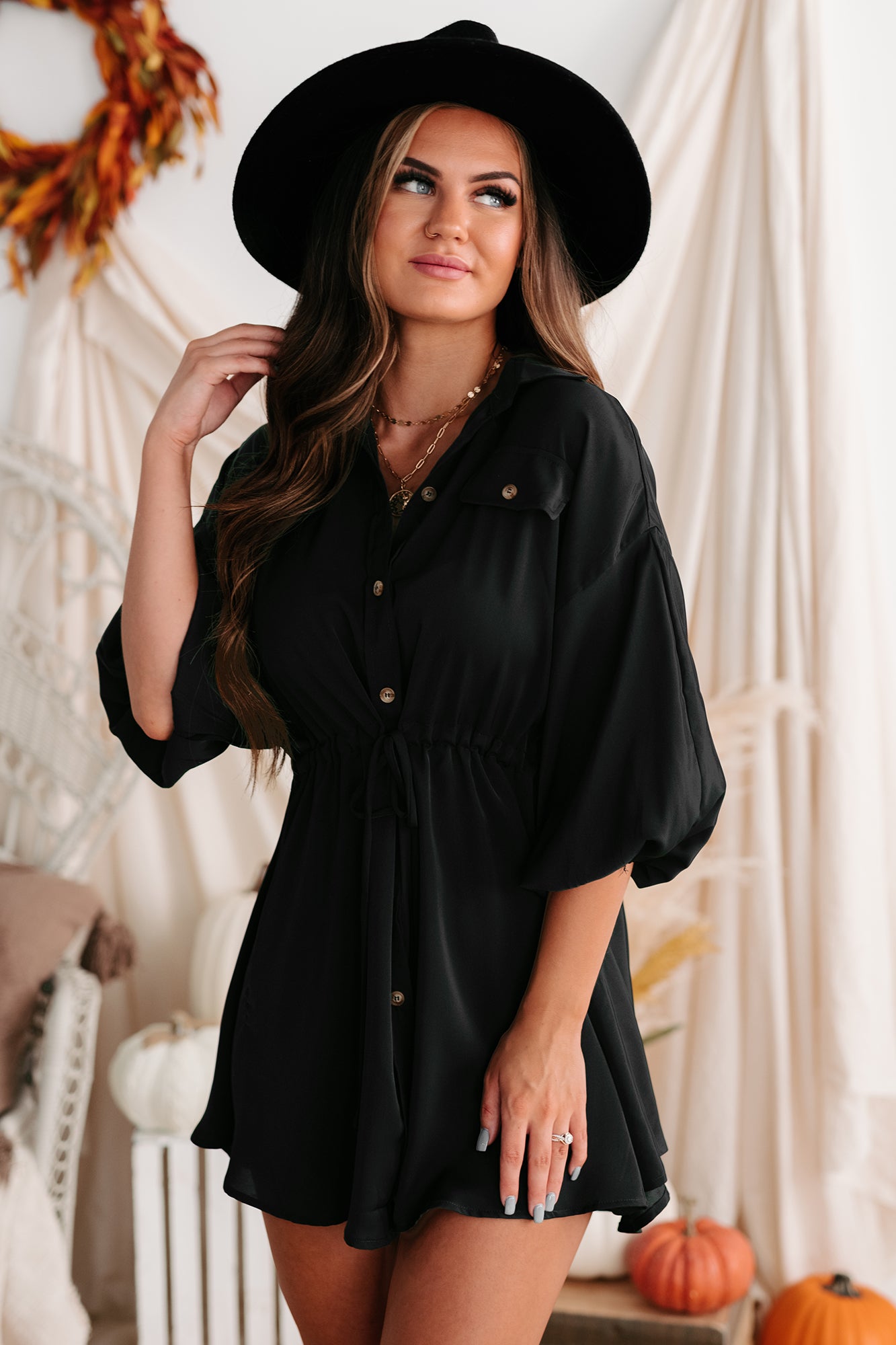 Besotted With You Button-Down Drawstring Waist Mini Dress (Black) - NanaMacs