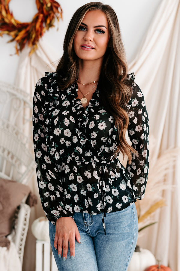 Heart & Soul Ruffled Floral Print Top (Black) - NanaMacs