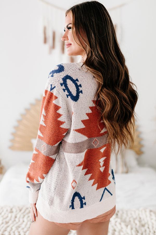 Gilded Love Oversized Aztec Print Sweater (Ivory/Rust) - NanaMacs