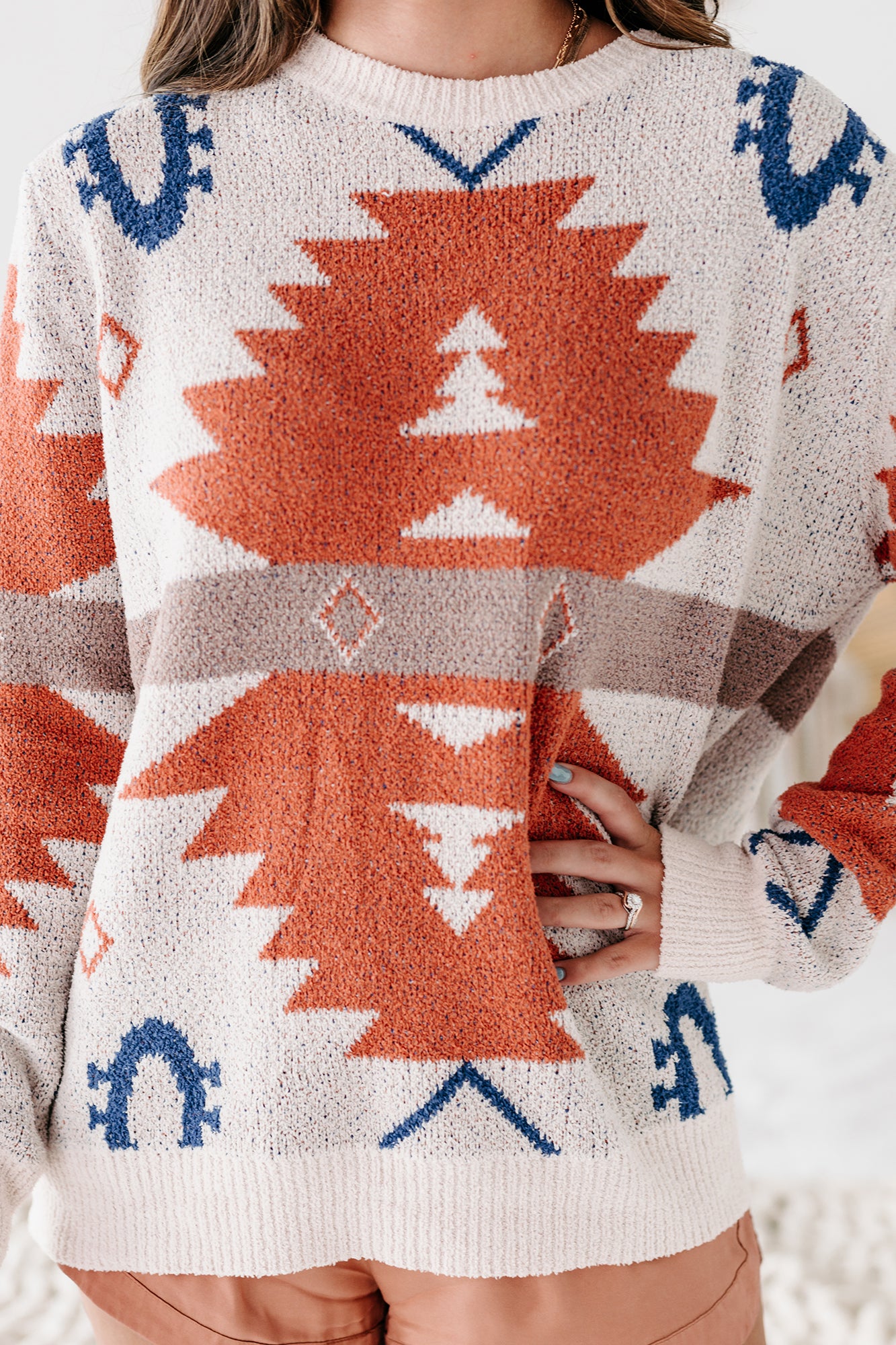 Gilded Love Oversized Aztec Print Sweater (Ivory/Rust) - NanaMacs