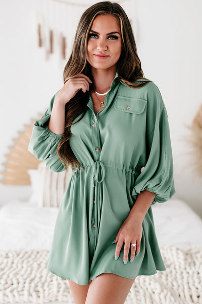 Besotted With You Button-Down Drawstring Waist Mini Dress (Dusty Green) - NanaMacs