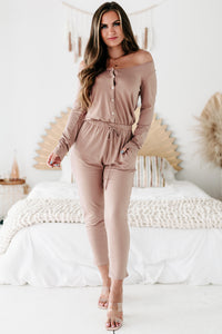 Cozy Queen Long Sleeve Button-Down Jumpsuit (Pale Mauve) - NanaMacs