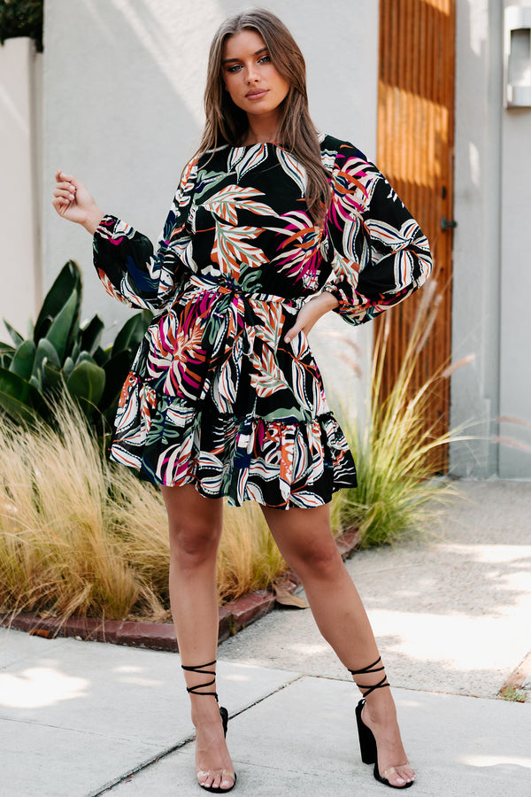 In Retrograde Tropical Printed Mini Dress (Black) - NanaMacs