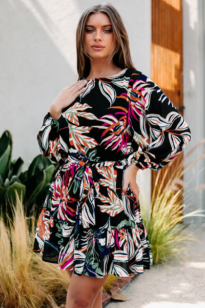 In Retrograde Tropical Printed Mini Dress (Black) - NanaMacs