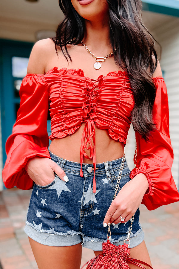 Taking Names Ruched Lace-Up Crop Top (Red) - NanaMacs