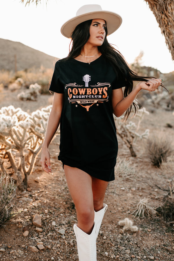 "Cowboys Night Club" Graphic T-Shirt Dress (Black) - Print On Demand - NanaMacs