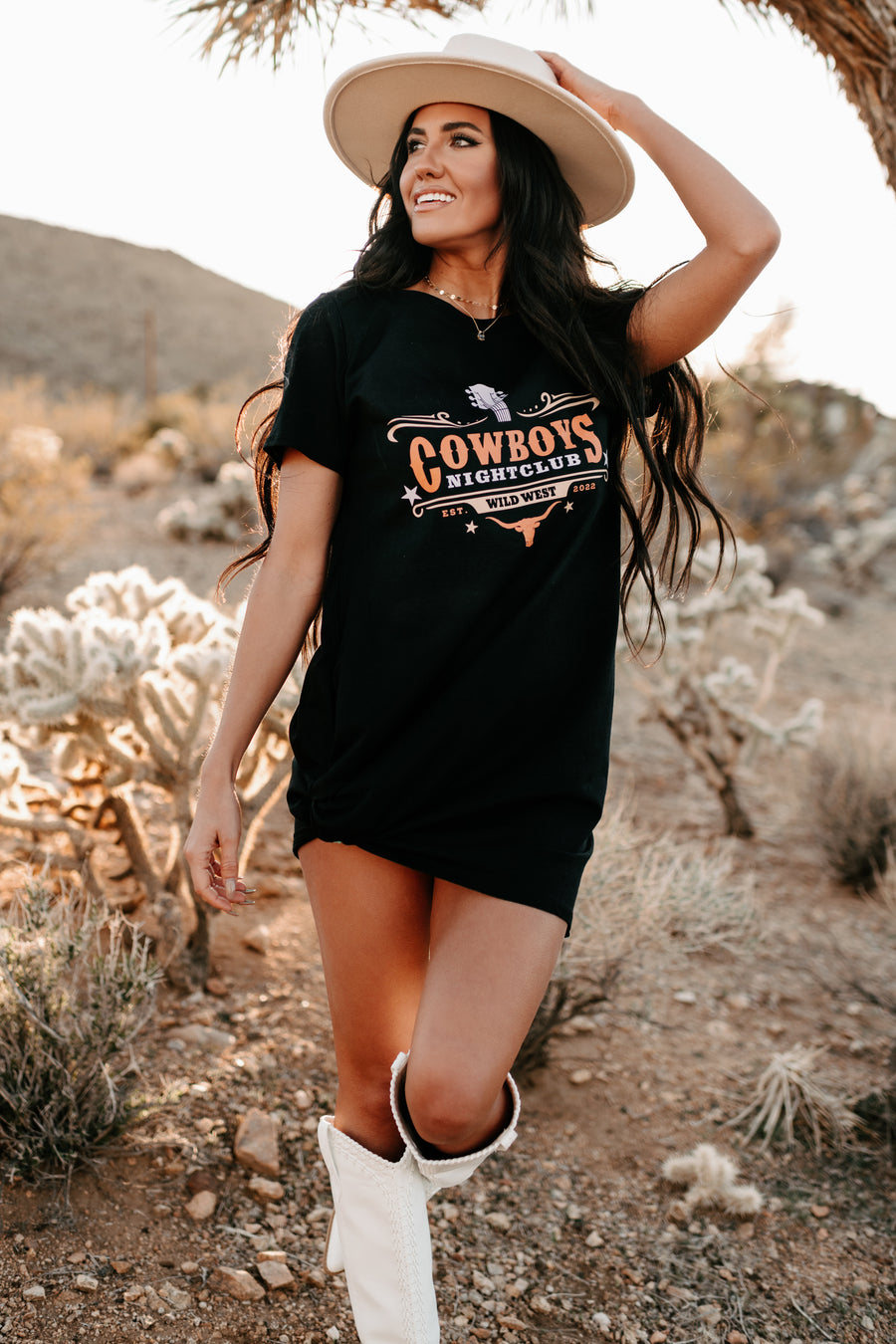 "Cowboys Night Club" Graphic T-Shirt Dress (Black) - Print On Demand - NanaMacs