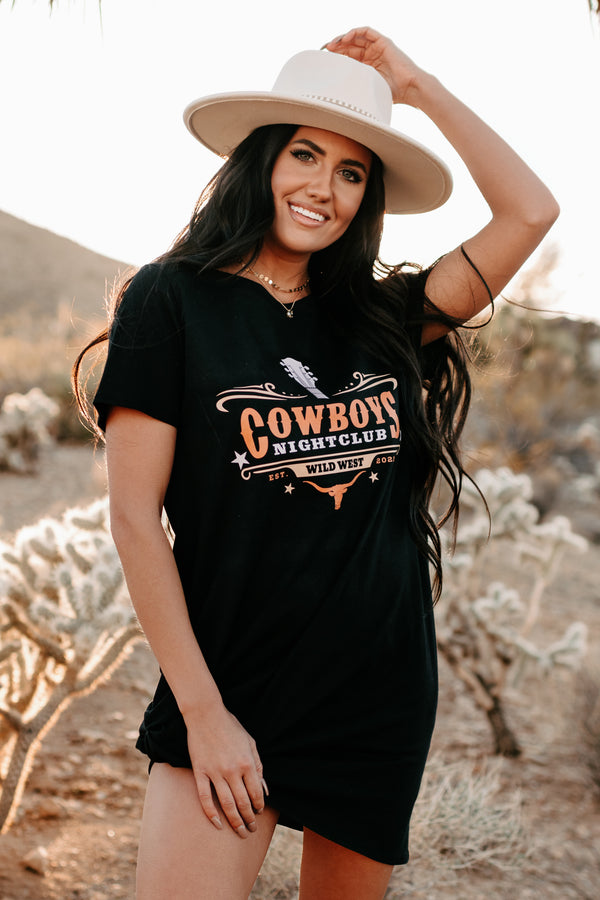 "Cowboys Night Club" Graphic T-Shirt Dress (Black) - Print On Demand - NanaMacs