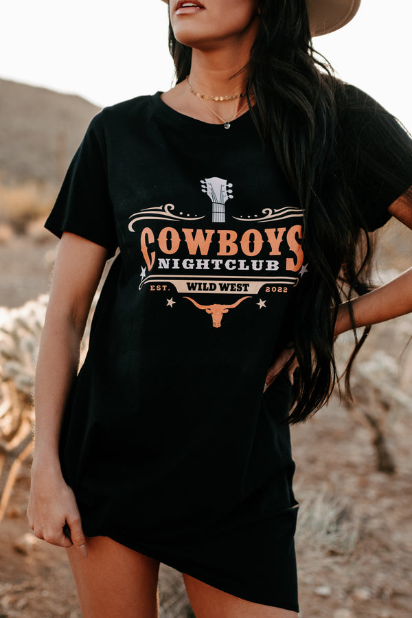 "Cowboys Night Club" Graphic T-Shirt Dress (Black) - Print On Demand - NanaMacs