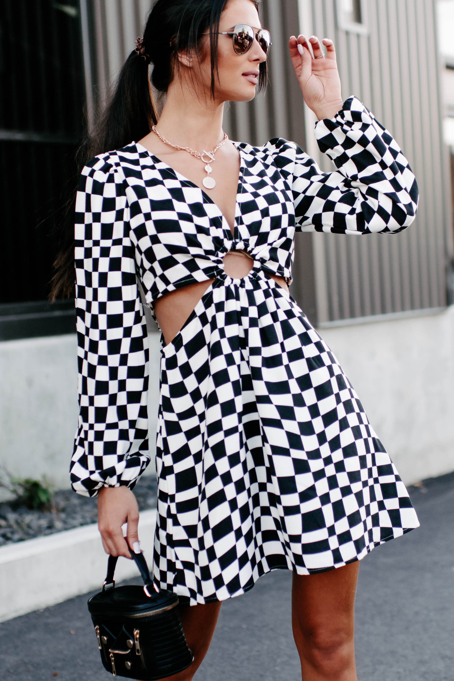 Groovy Nights Cut-Out Checkered Print Mini Dress (Black/White) - NanaMacs