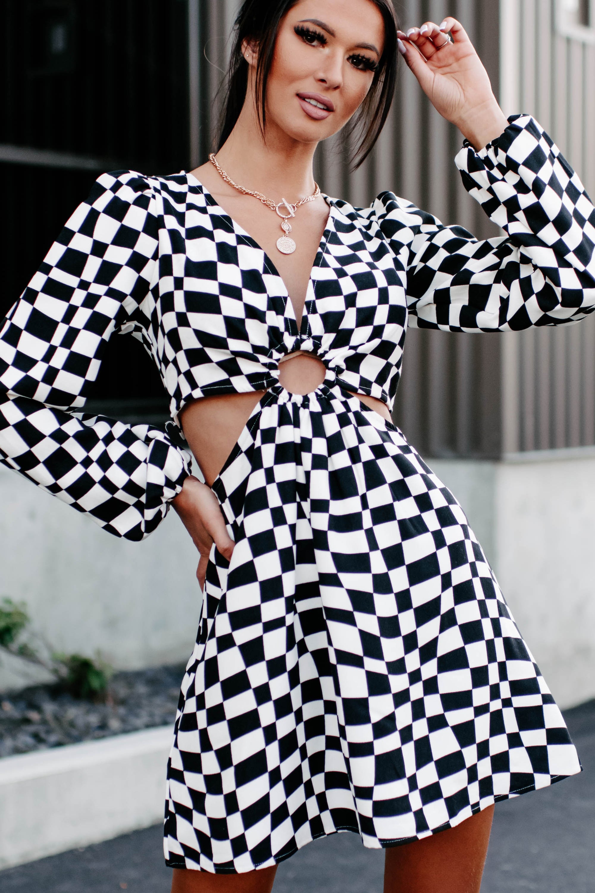 Groovy Nights Cut-Out Checkered Print Mini Dress (Black/White) - NanaMacs