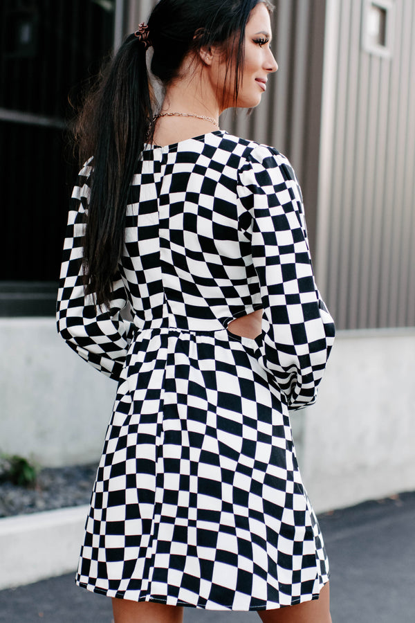 Groovy Nights Cut-Out Checkered Print Mini Dress (Black/White) - NanaMacs