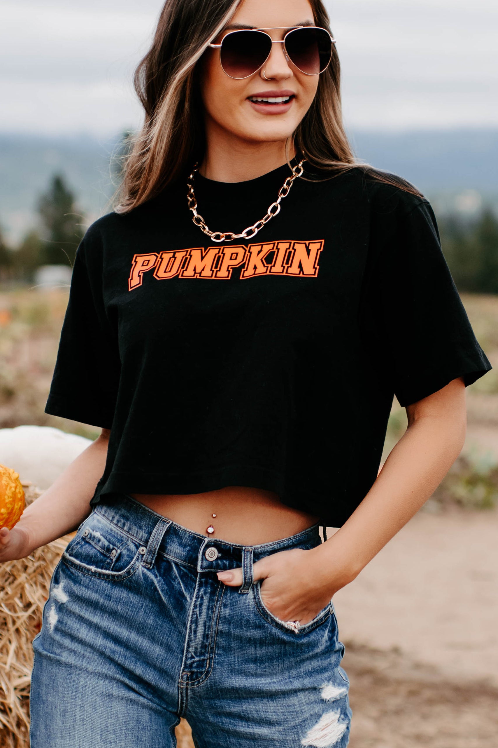 Okay Pumpkin Graphic Crop Tee (Black) - Print On Demand - NanaMacs