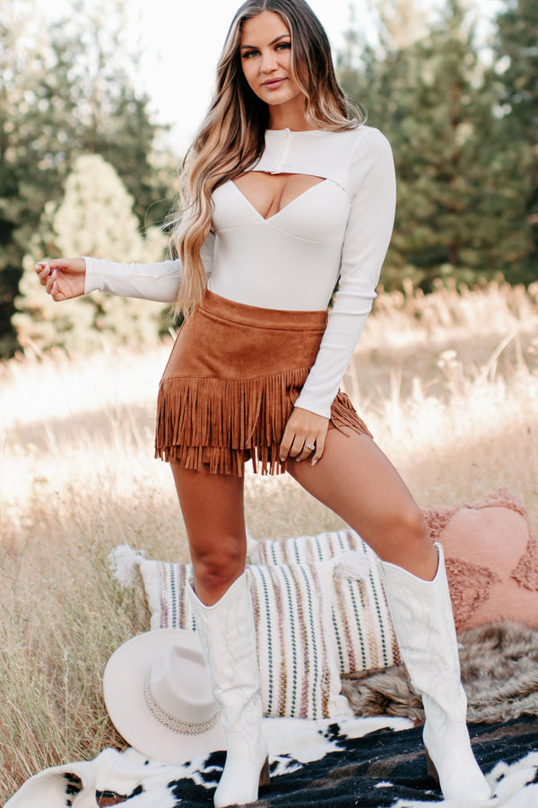 Off To The Hoedown Faux Suede Fringe Skort (Camel) - NanaMacs