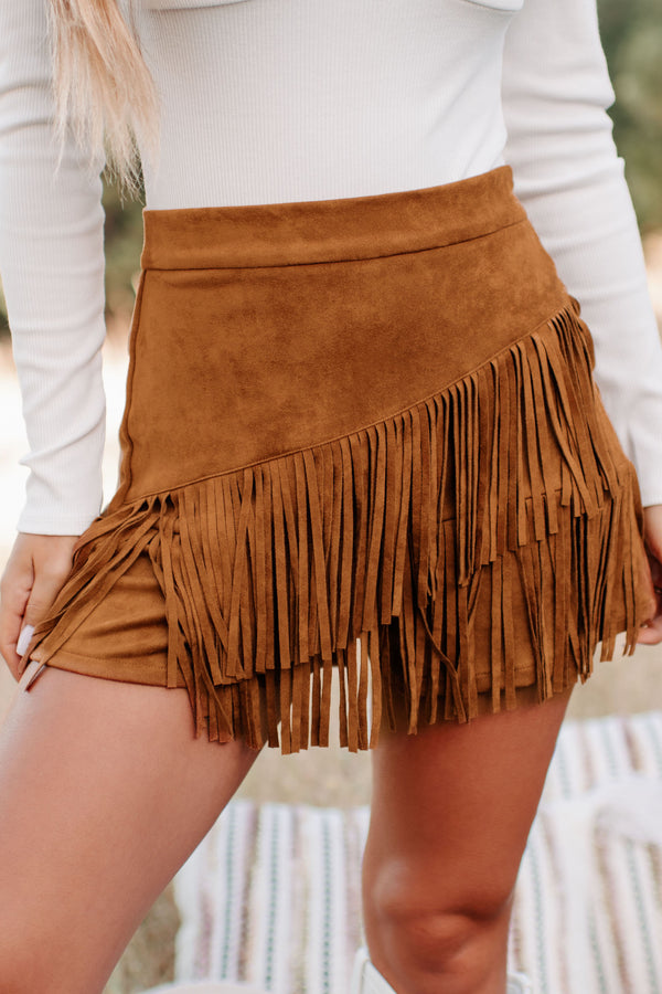 Off To The Hoedown Faux Suede Fringe Skort (Camel) - NanaMacs