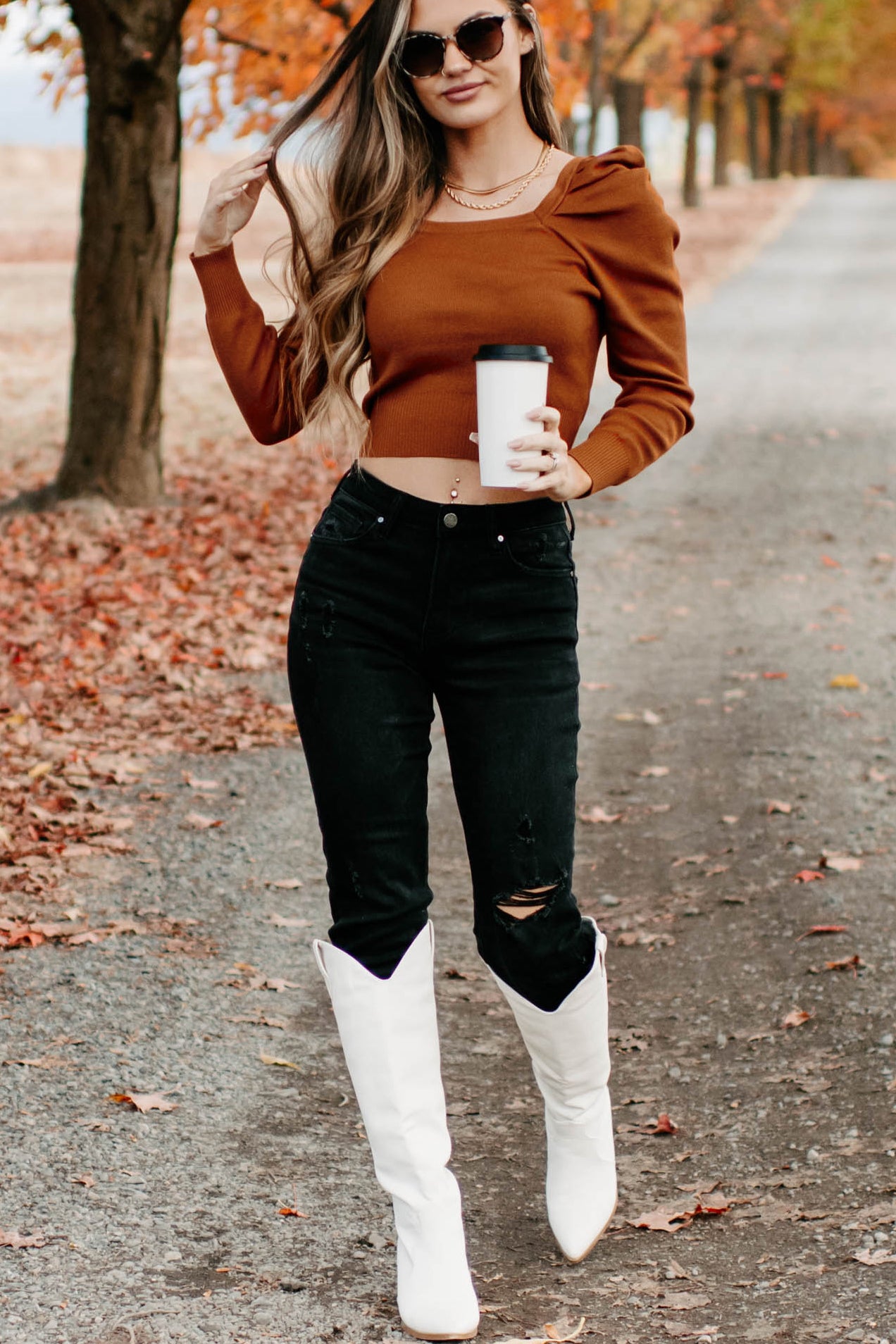 Autumn Esthetic Square Neck Sweater Top (Rust) - NanaMacs