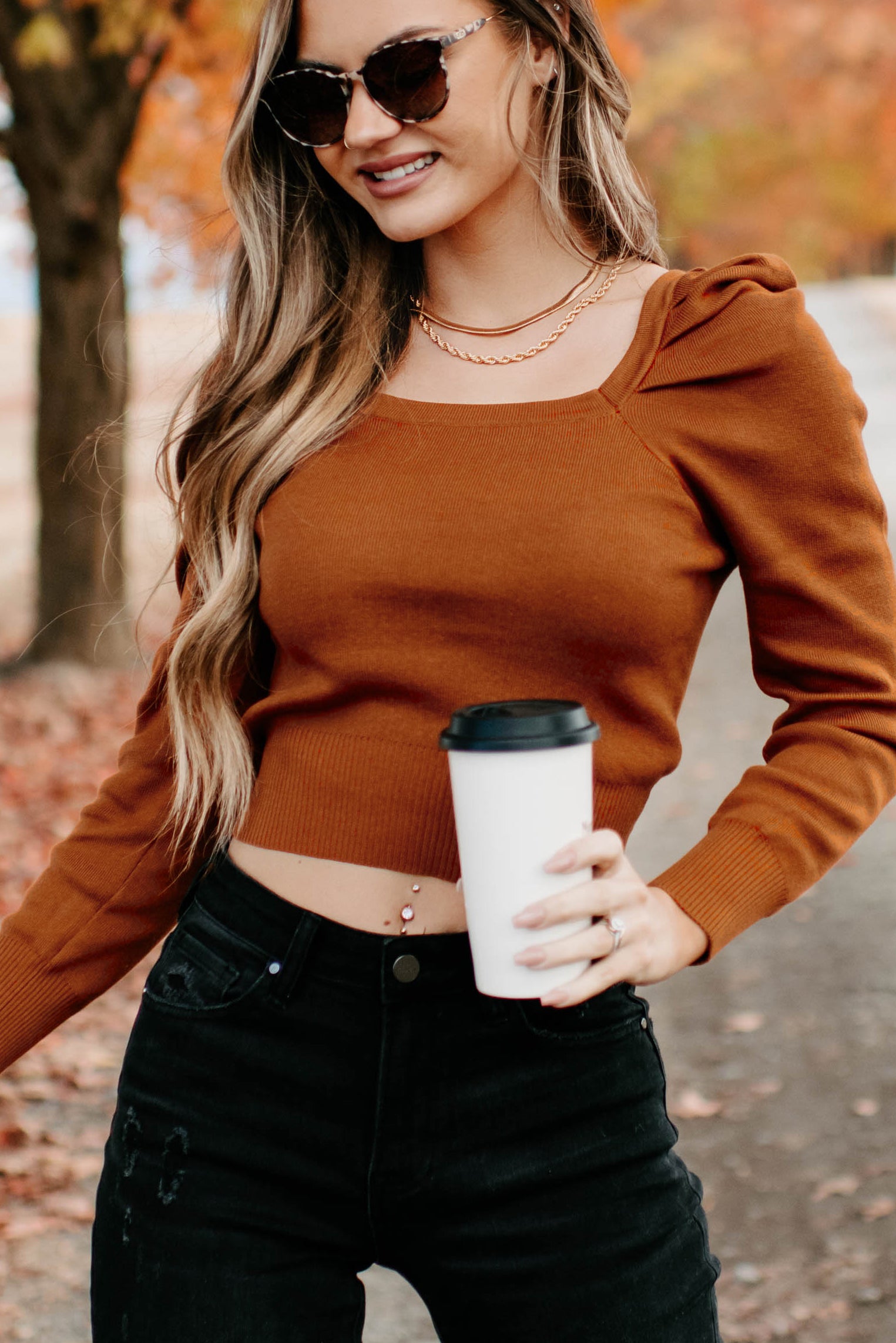 Autumn Esthetic Square Neck Sweater Top (Rust) - NanaMacs