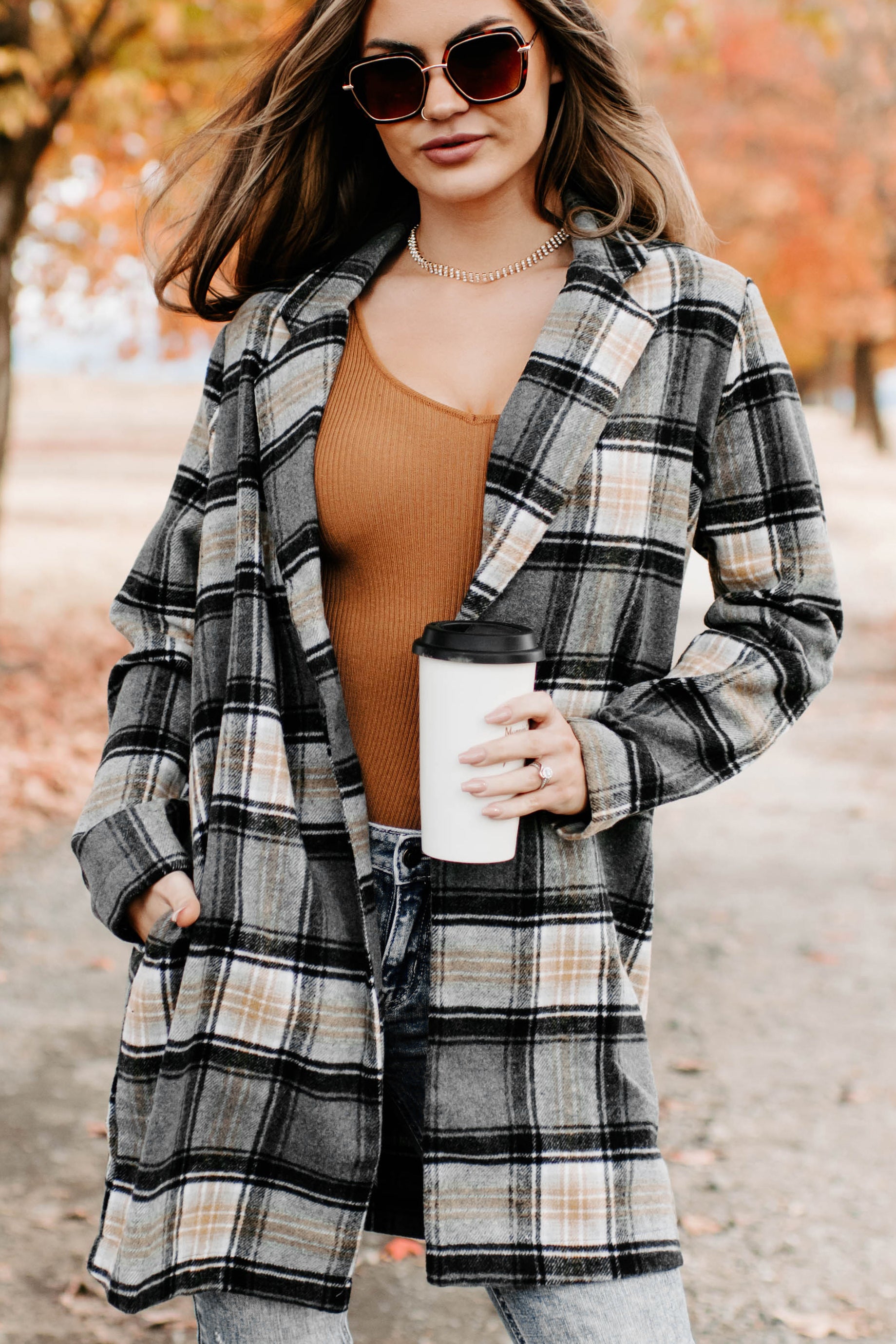 Stroll Through Plaid Single Button Jacket (Charcoal) - NanaMacs