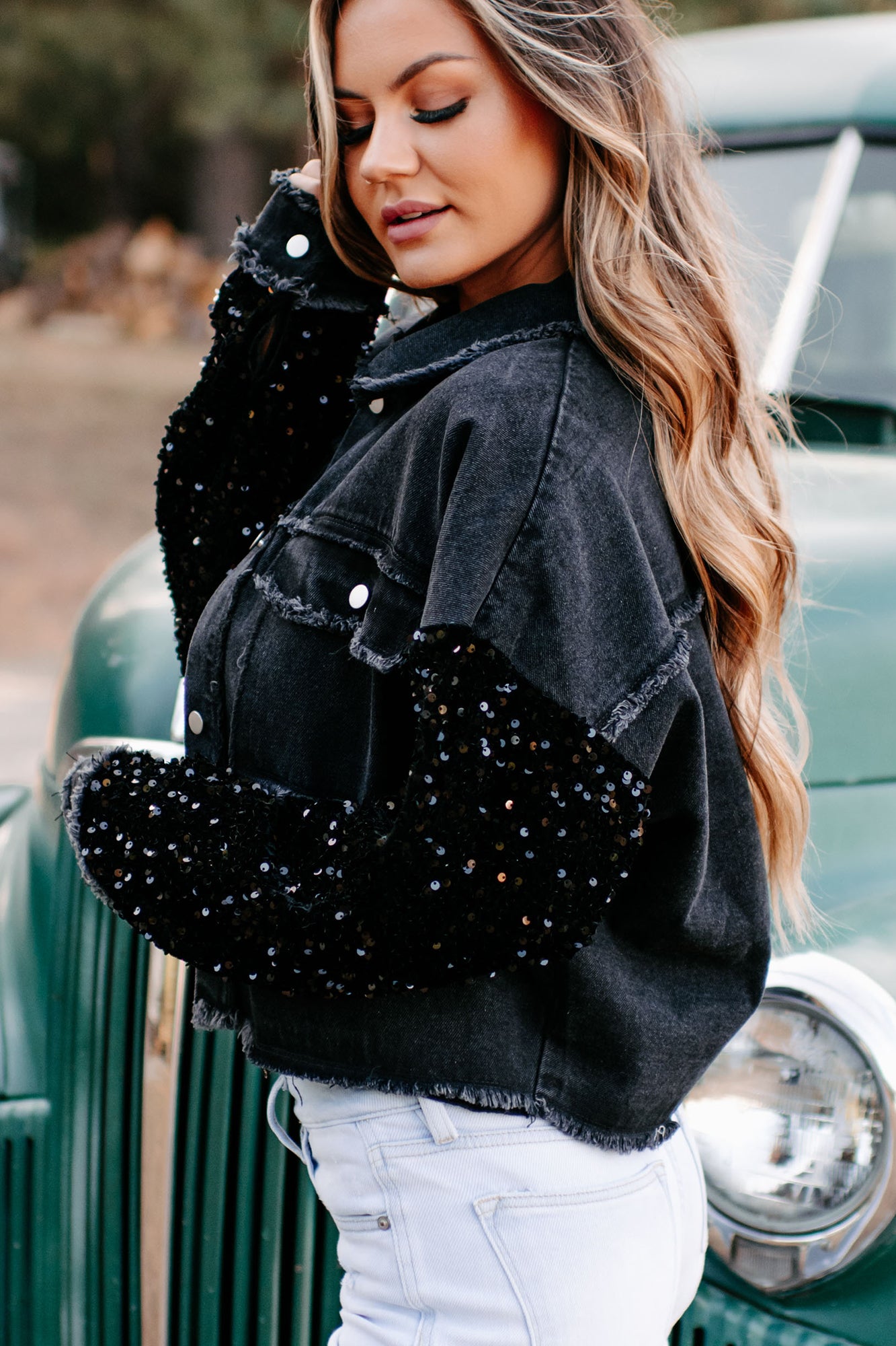 DENIM W/ GOLD SEQUIN SLEEVES JACKET – Out Here
