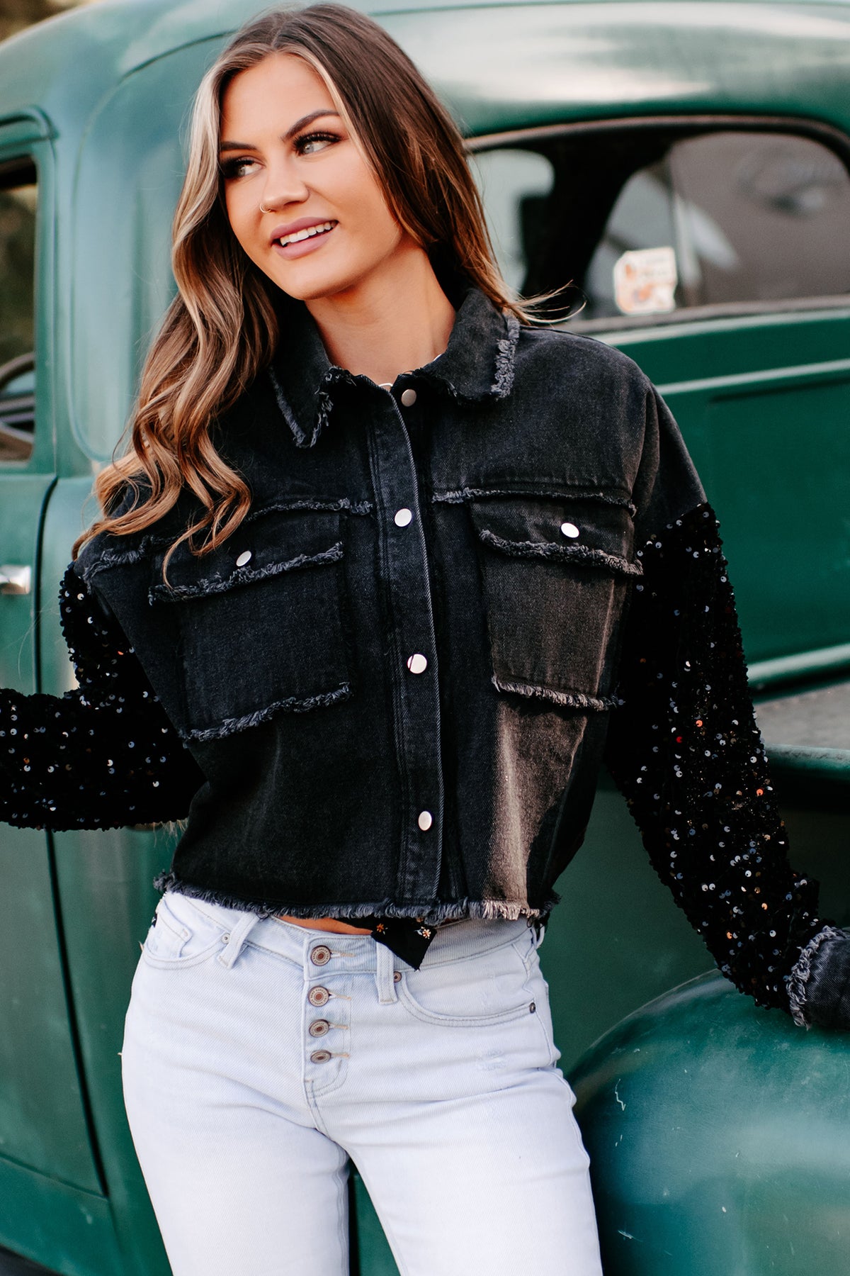 Release Your Worries Sequin Sleeve Denim Jacket (Black) · NanaMacs