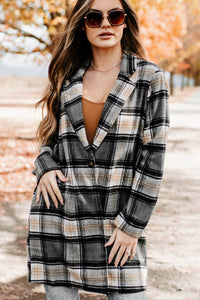 Stroll Through Plaid Single Button Jacket (Charcoal) - NanaMacs