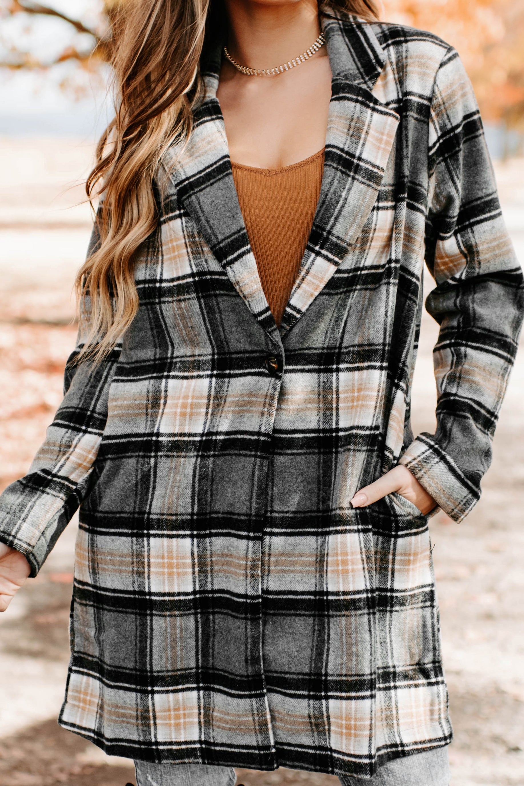 Stroll Through Plaid Single Button Jacket (Charcoal) - NanaMacs