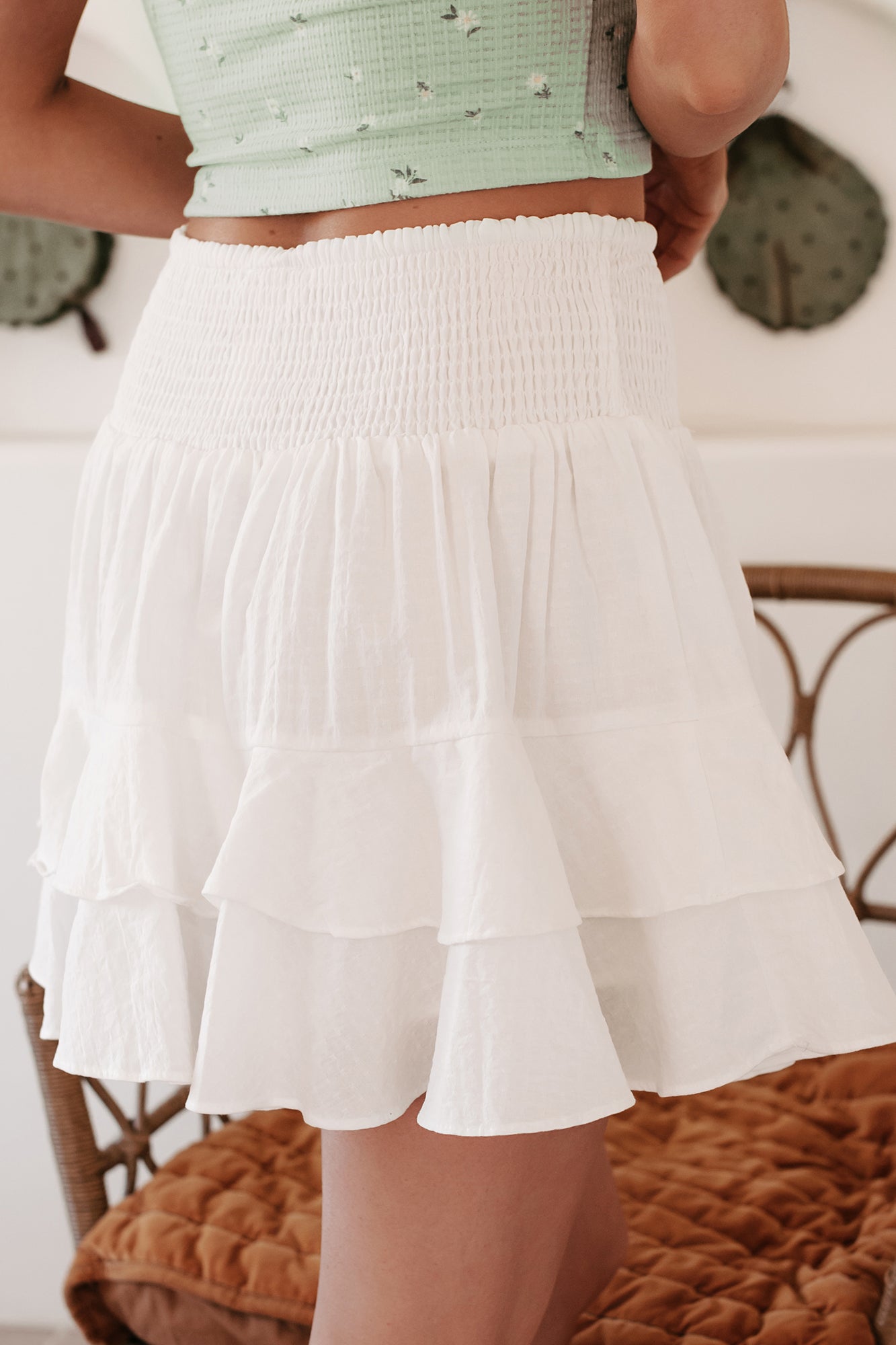 Secret Glances Smocked Ruffle Mini Skort (White) - NanaMacs